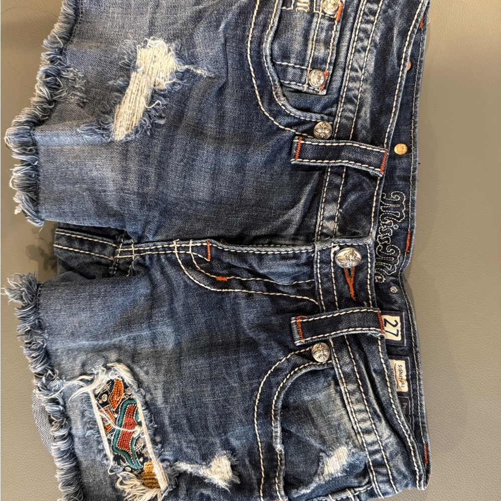 Miss Me Blue Distressed Denim Shorts with Embroidery